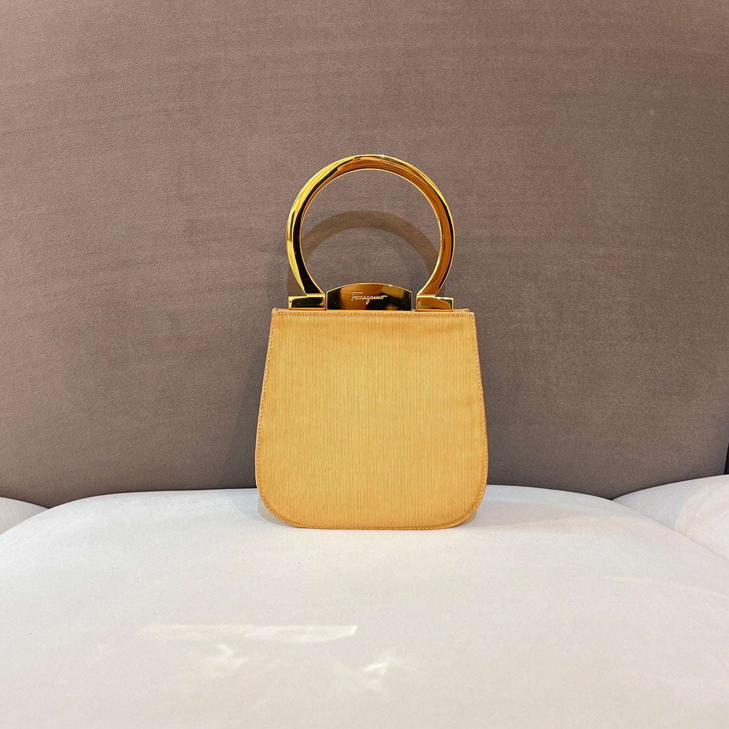 Ferragamo Vintage Gancini Gold Satin Top Handle Bag