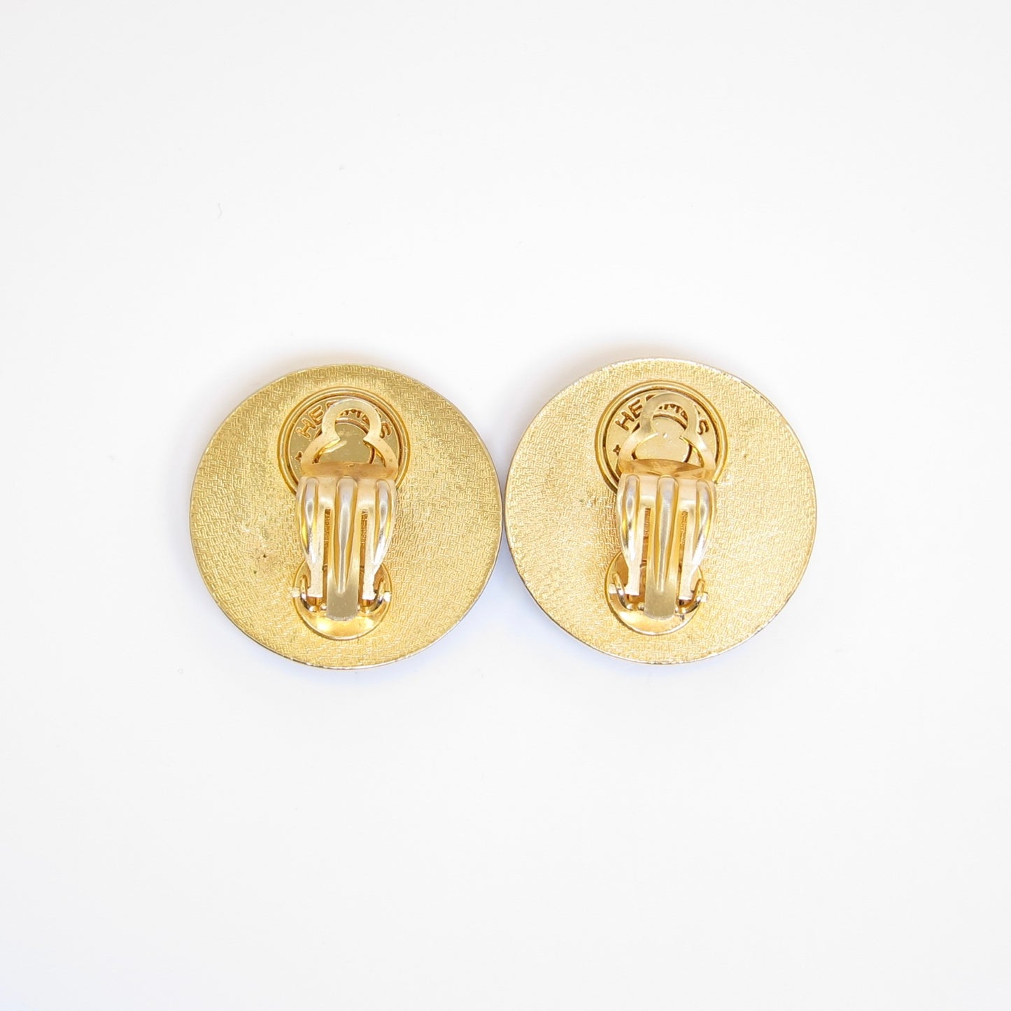 Hermes Vintage Round Shaped Black Leather and Golden Clip-on Earrings