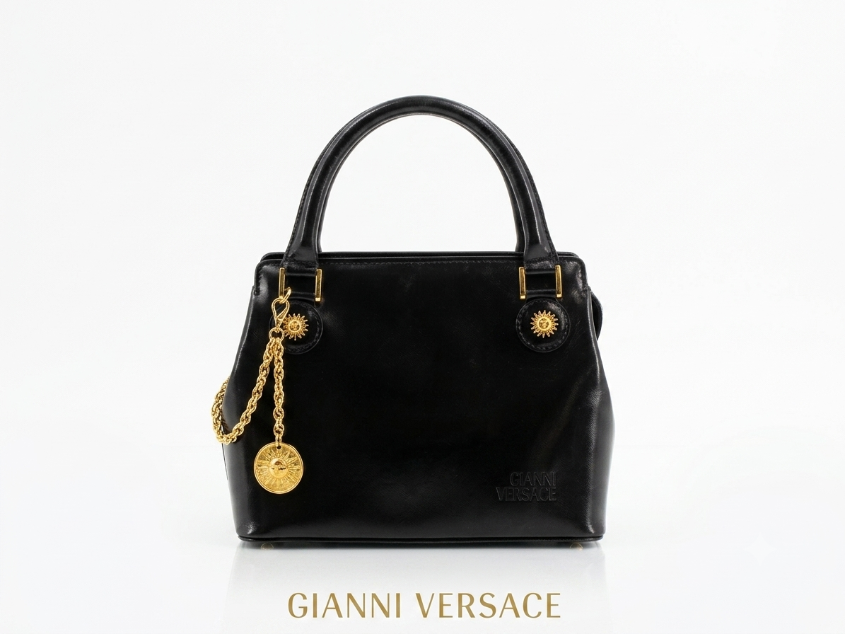 Versace Vintage Black Leather Medallion Handbag