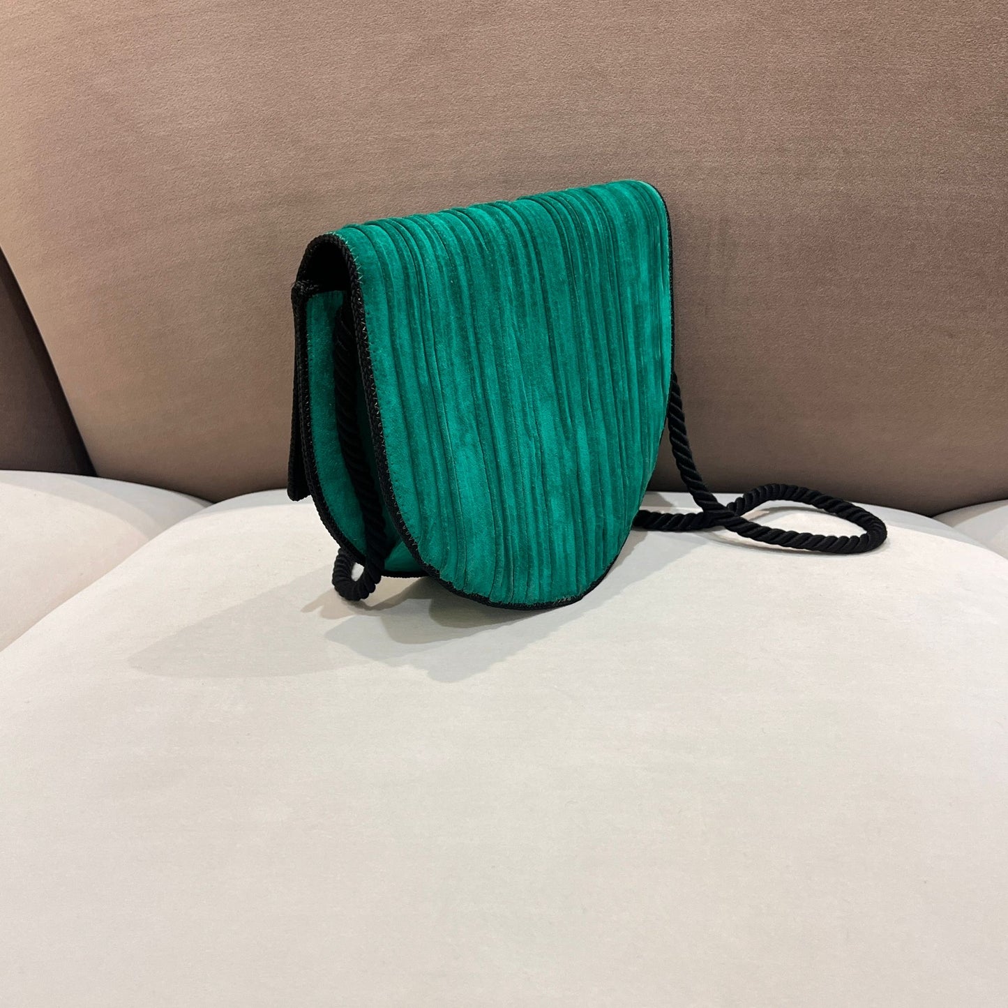 Christian Dior Vintage Emerald Pleated Silk Half Moon Shoulder Bag