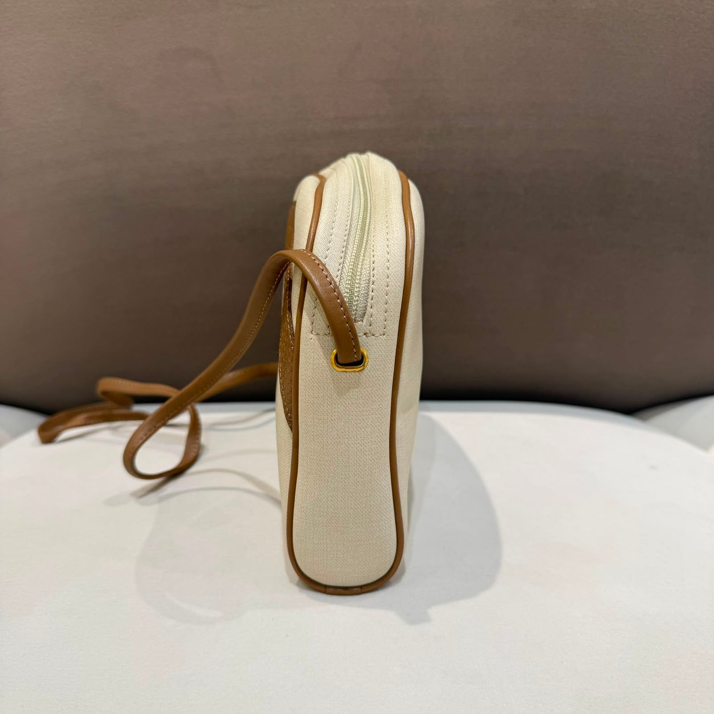Christian Dior Vintage Ivory Canvas Tan Leather Shoulder Bag