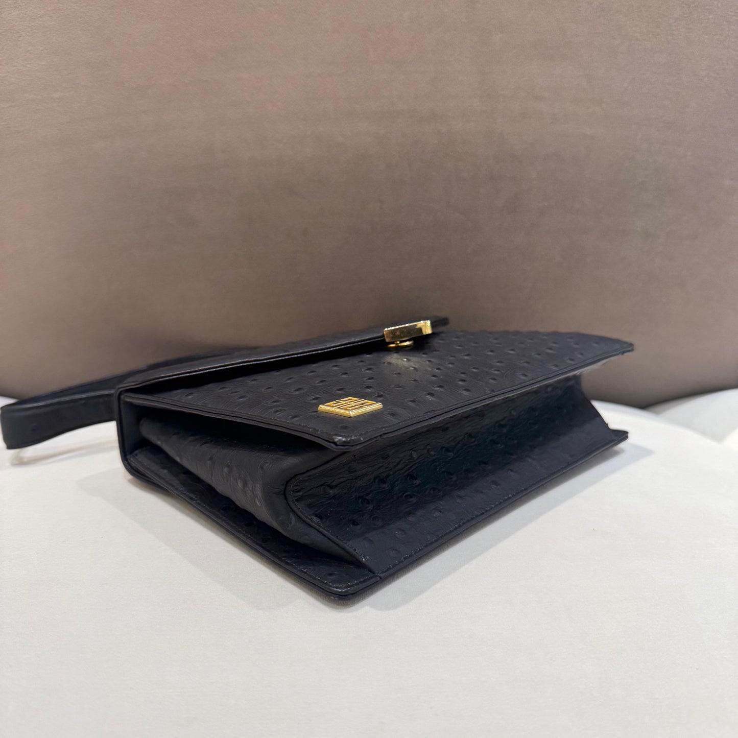 Givenchy Vintage Black Ostrich Leather Envelope Top Handle Handbag
