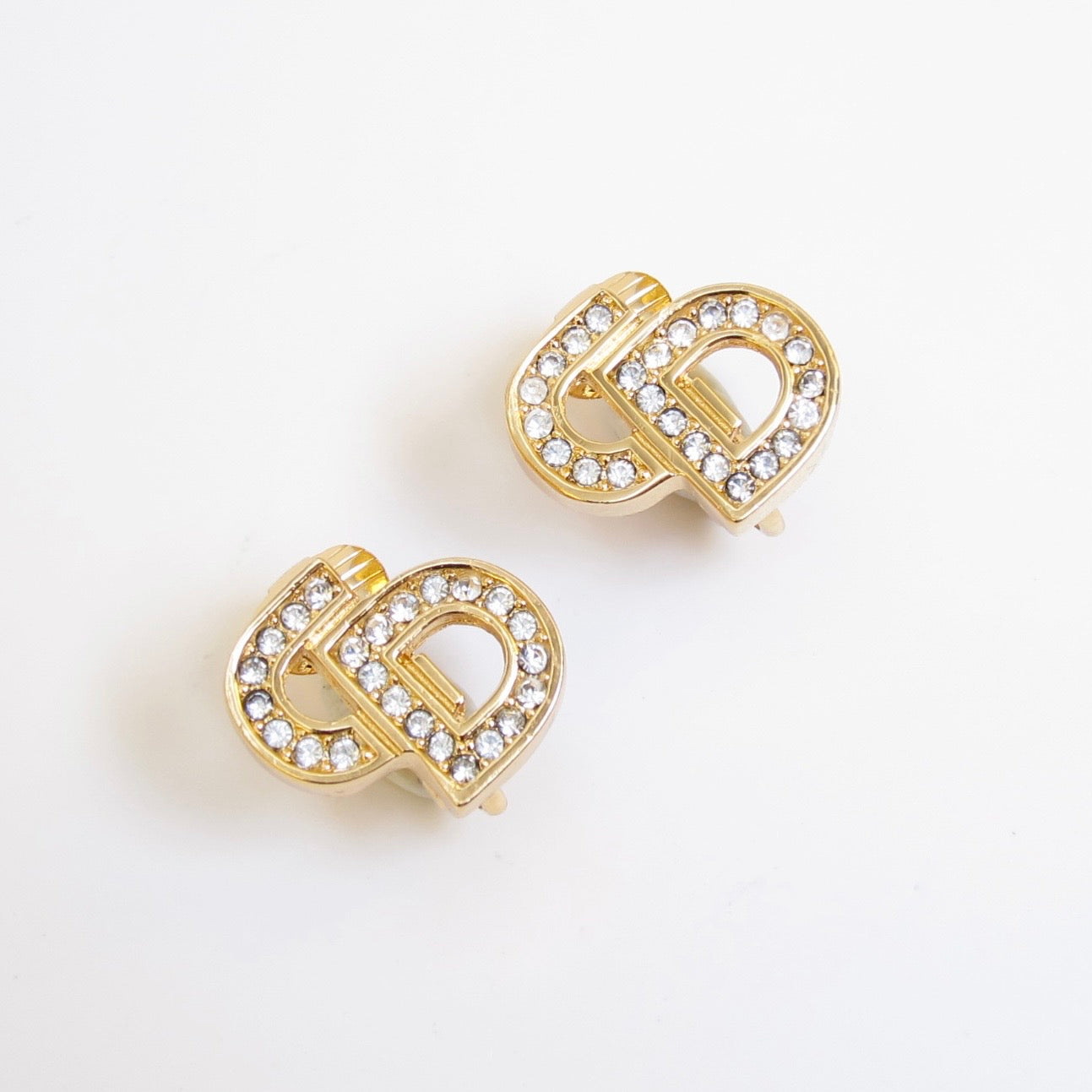 Christian Dior Vintage CD Logo with Rhinestone Golden Clip-on Earrings
