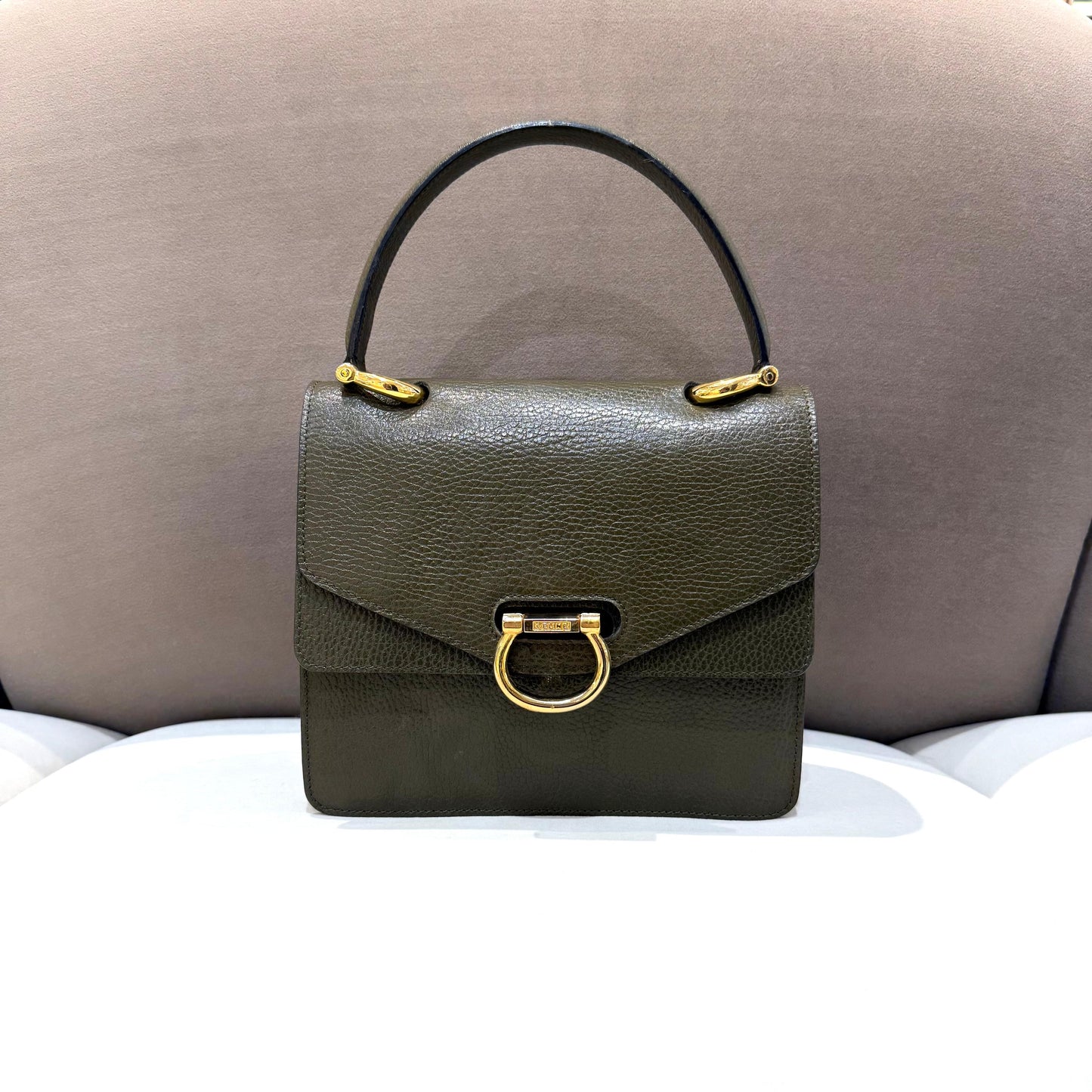 Celine Vintage Olive Green Leather Ring Clasp Top Handle Bag