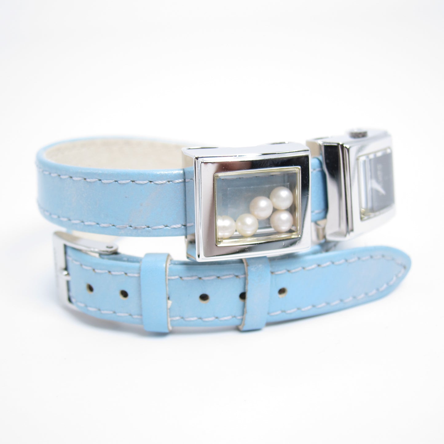 Mikimoto Vintage Black Face and Pearl Box Watch with Blue Leather Strap