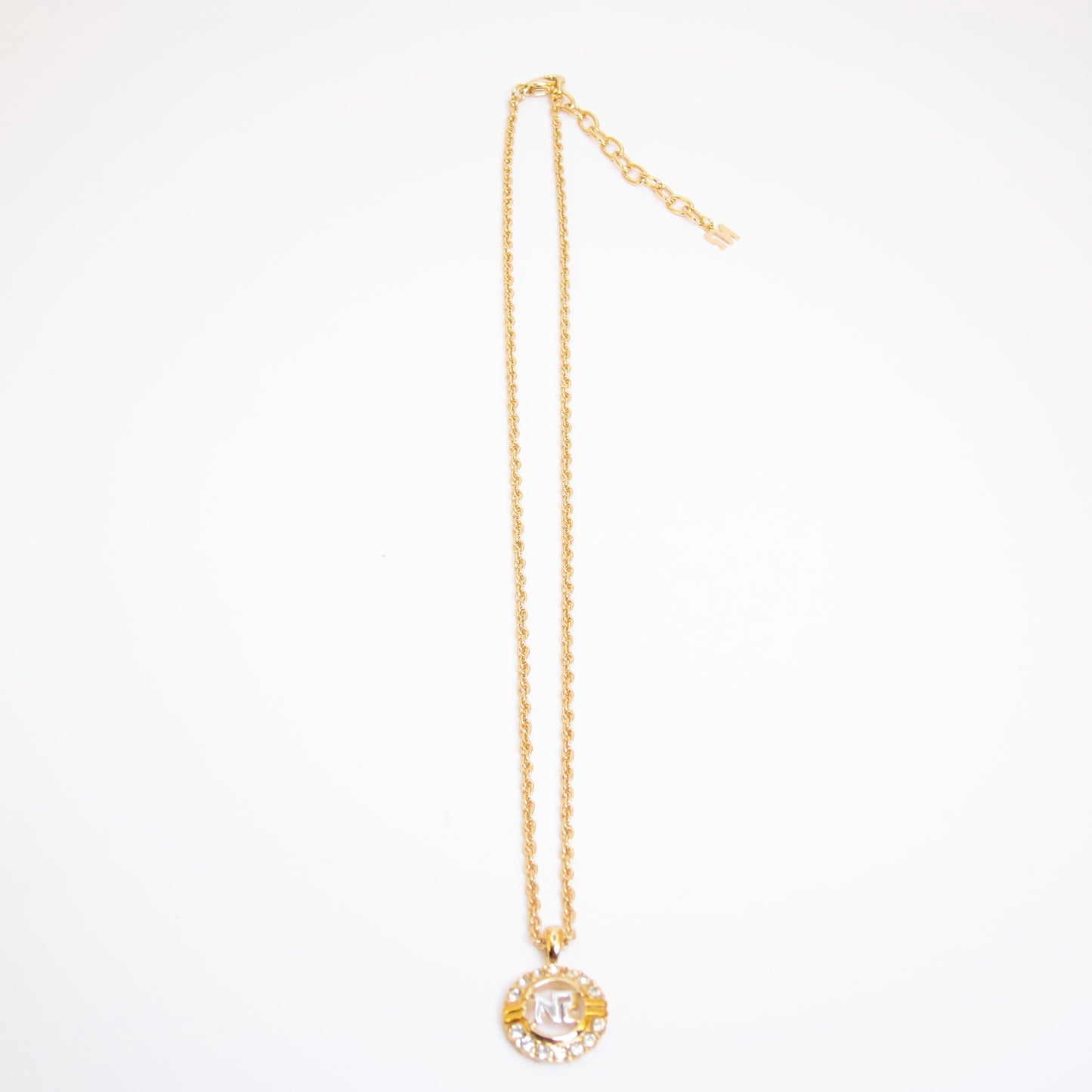 Nina Ricci Vintage NR Logo in Circle with Rhinestone Golden Necklace