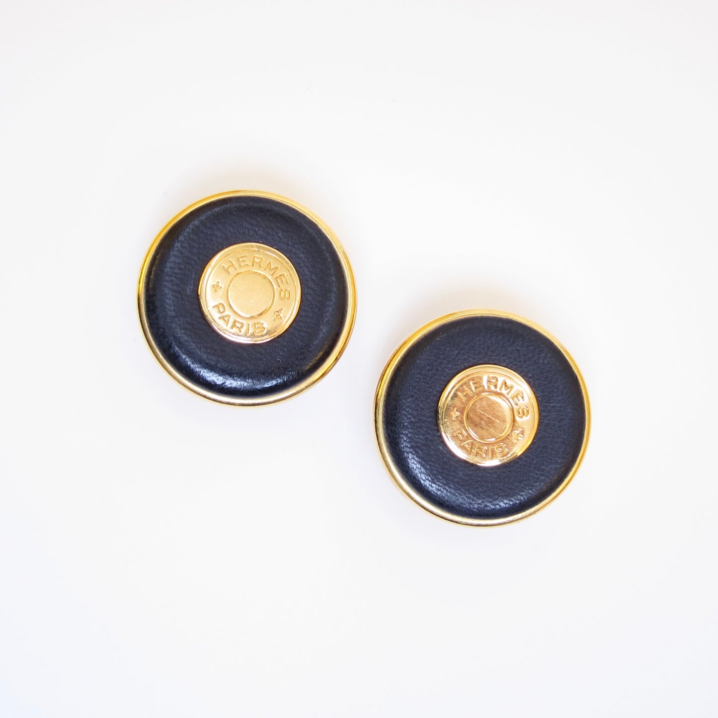 Hermes Vintage Round Shaped Black Leather and Golden Clip-on Earrings