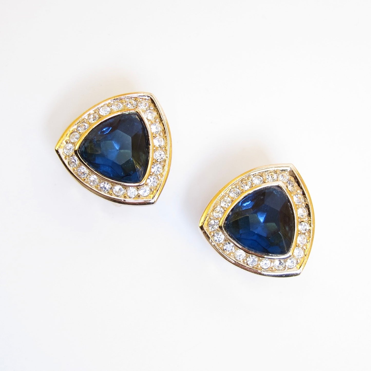 Christian Dior Vintage Triangle Blue and Rhinestone Golden Clip-on Earrings