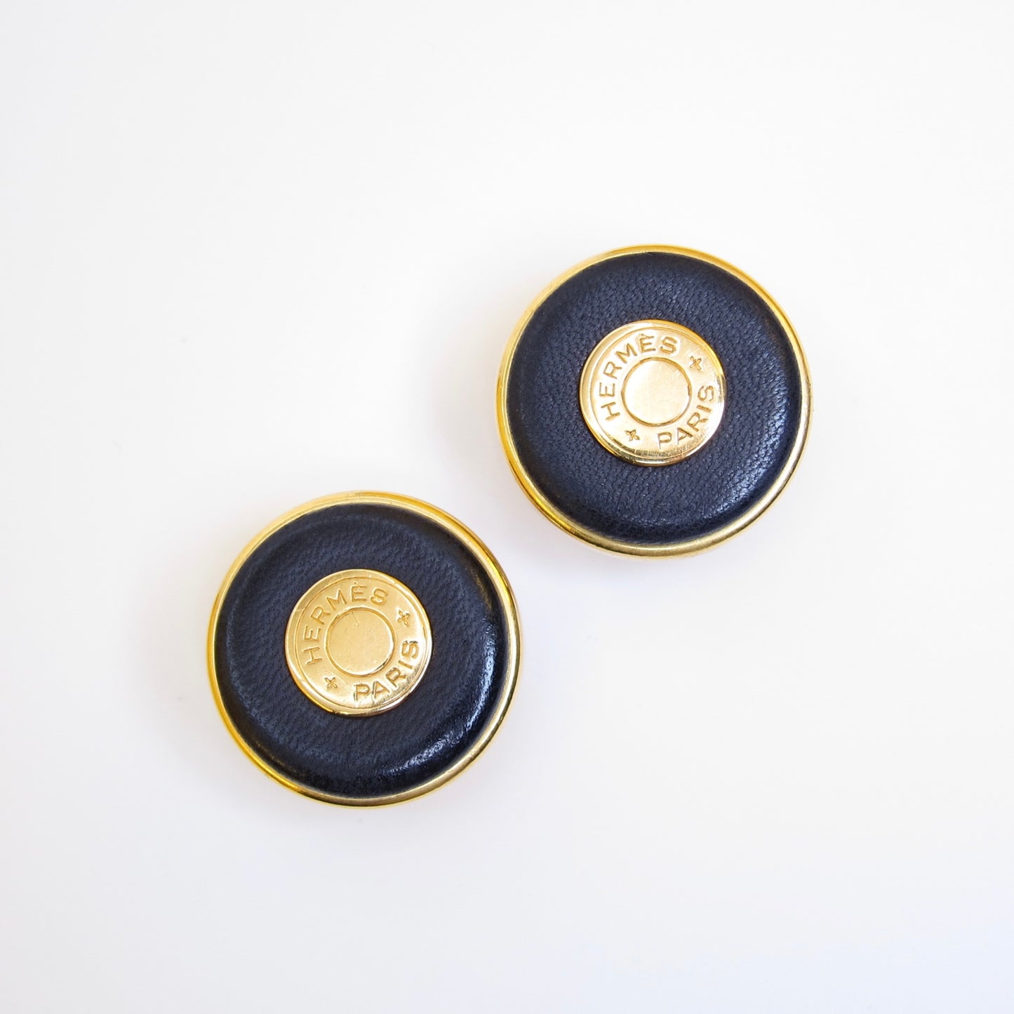 Hermes Vintage Round Shaped Black Leather and Golden Clip-on Earrings