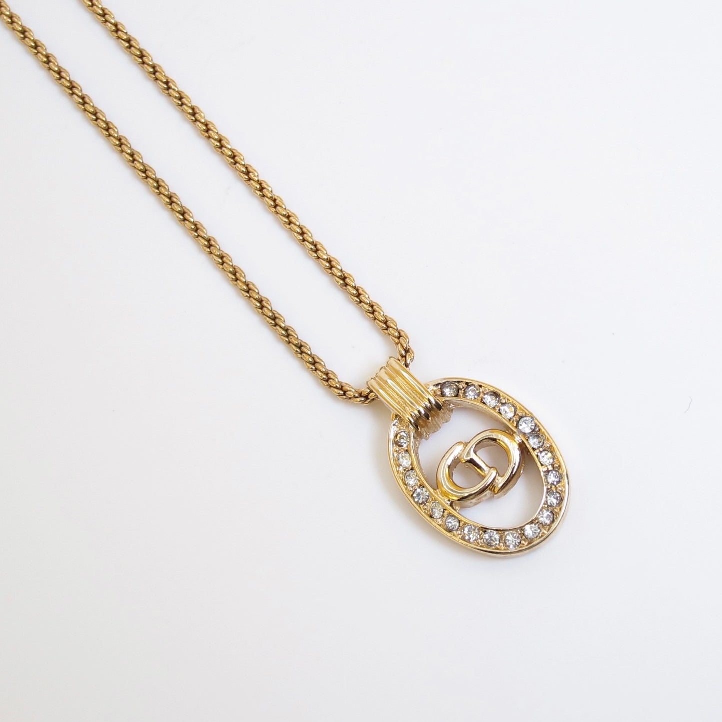 Christian Dior Vintage CD Logo in Oval Shaped with Rhinestone Golden Necklace