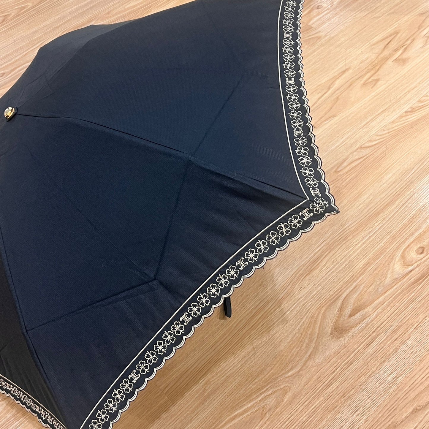 Celine Vintage Triomphe Logo Black Embroidered Umbrella