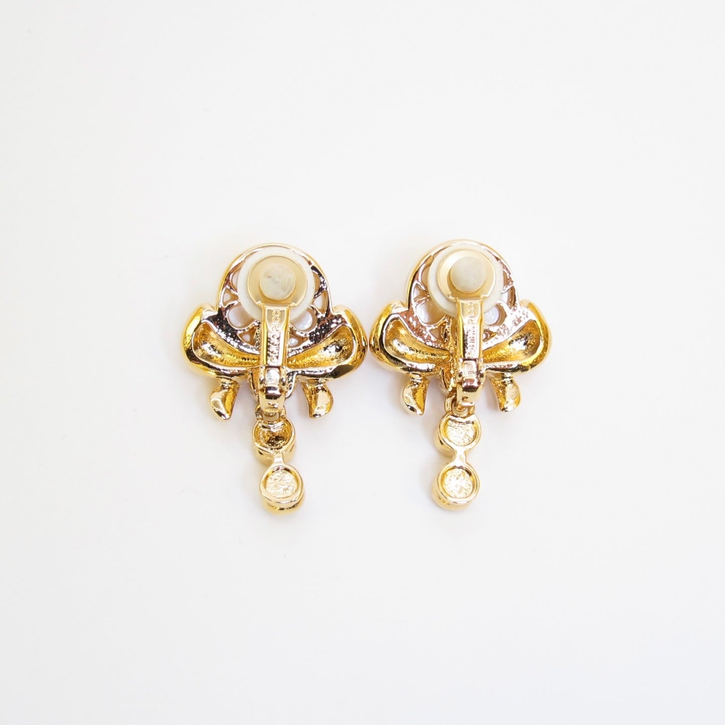 Nina Ricci Vintage Pearl on Ribbon and Rhinestone Golden Clip-on Earrings