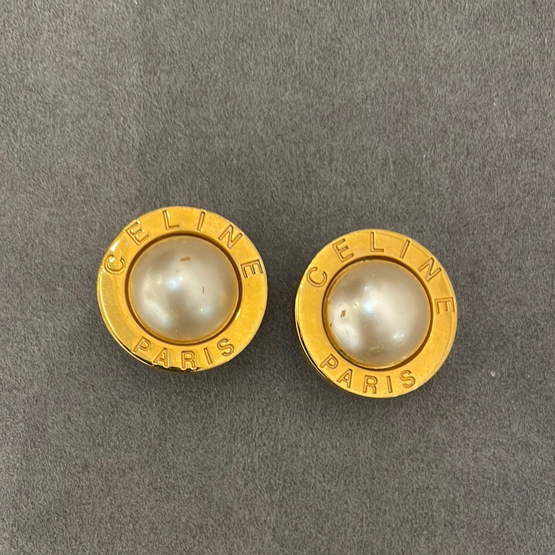 Celine Pearl With Gold Circle Clip-On Earrings