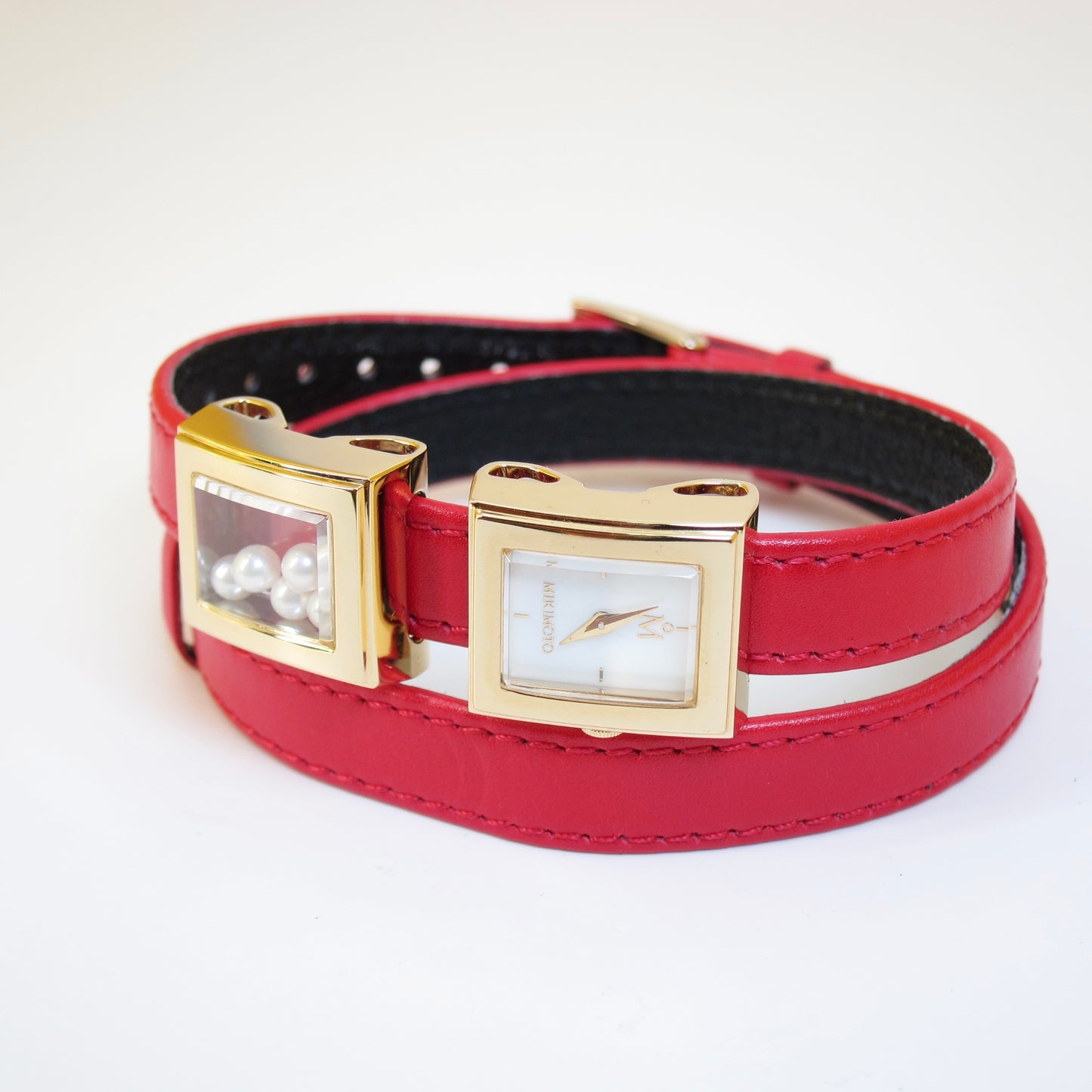 Mikimoto Vintage Pearl Face with Pearl Box Watch with Red Color Leather Strap