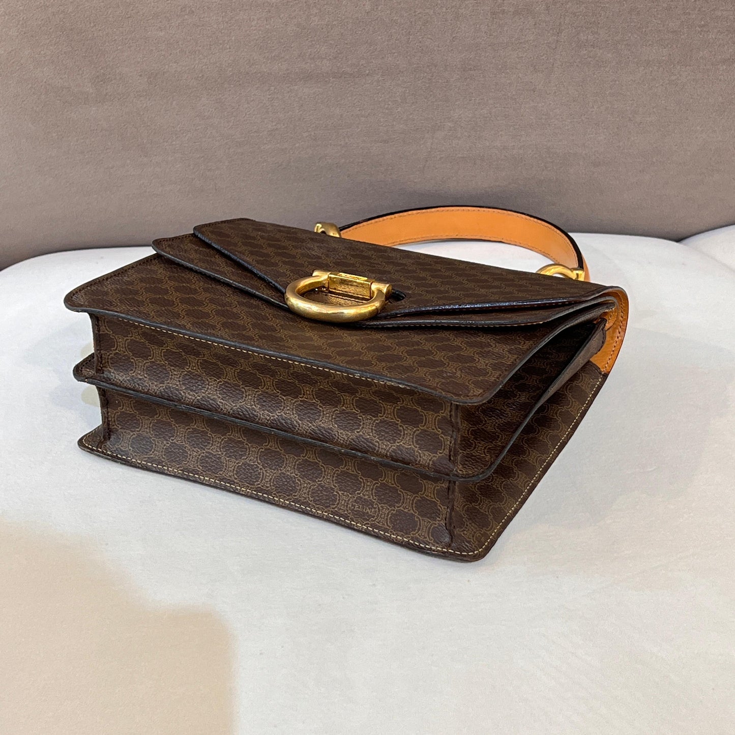 Celine Vintage Macadam Canvas Brown Leather Top Handle Bag