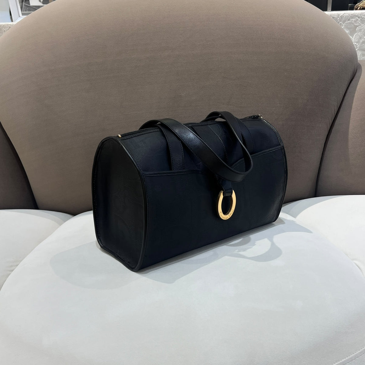 Christian Dior Vintage Black PVC Leather Gold Ring Boston Bag