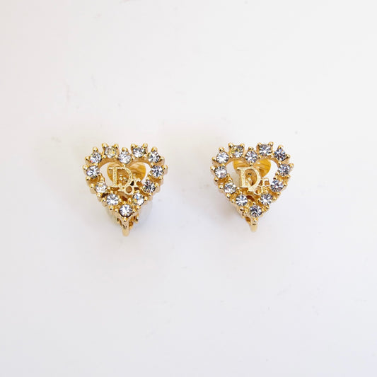 Christian Dior Vintage Dior Logo in Heart with Rhinestone Golden Clip-on Earrings