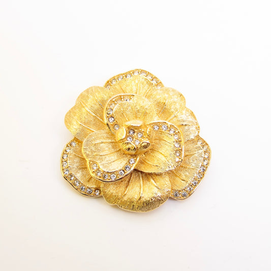 Christian Dior Vintage Flower Motif with Rhinestone Golden Brooch