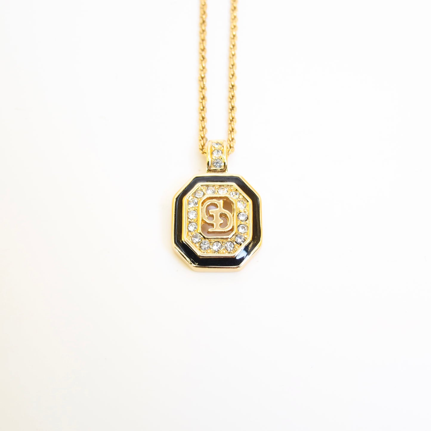 Christian Dior Vintage CD Logo in Octagon Black and Rhinestone Golden Necklace