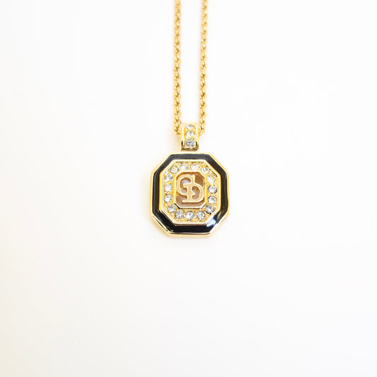 Christian Dior Vintage CD Logo in Octagon Black and Rhinestone Golden Necklace