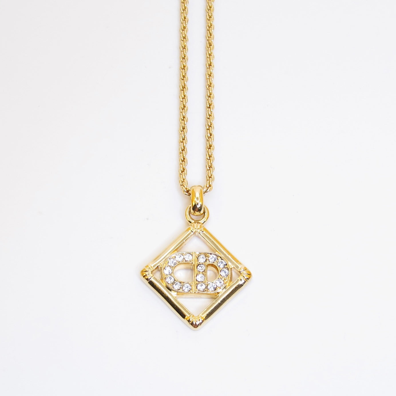Christian Dior Vintage CD Logo with Rhinestone in Rhombus Golden Necklace