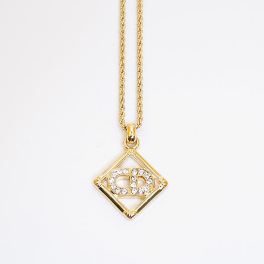 Christian Dior Vintage CD Logo with Rhinestone in Rhombus Golden Necklace