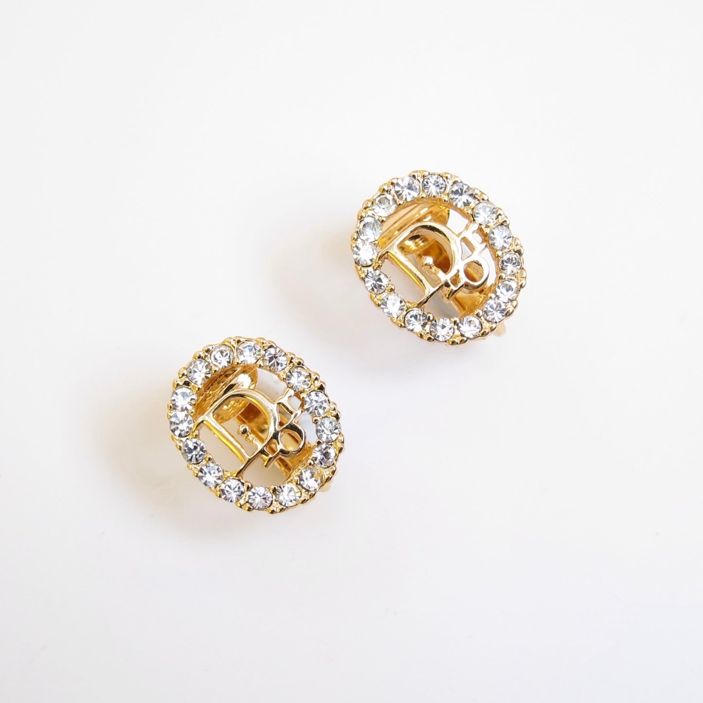 Christian Dior Vintage Dior Logo in Oval Shaped with Rhinestone Golden Clip-on Earrings