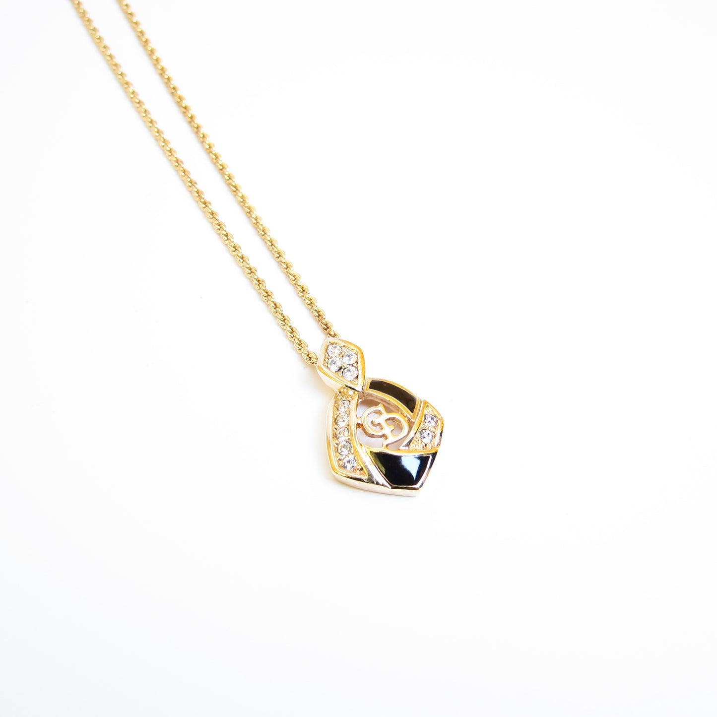 Christian Dior Vintage CD Logo Black and Rhinestone Golden Necklace