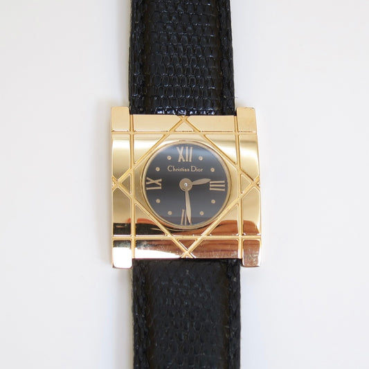 Christian Dior Vintage Cannage Square Black Face with Leather Strap Golden Watch