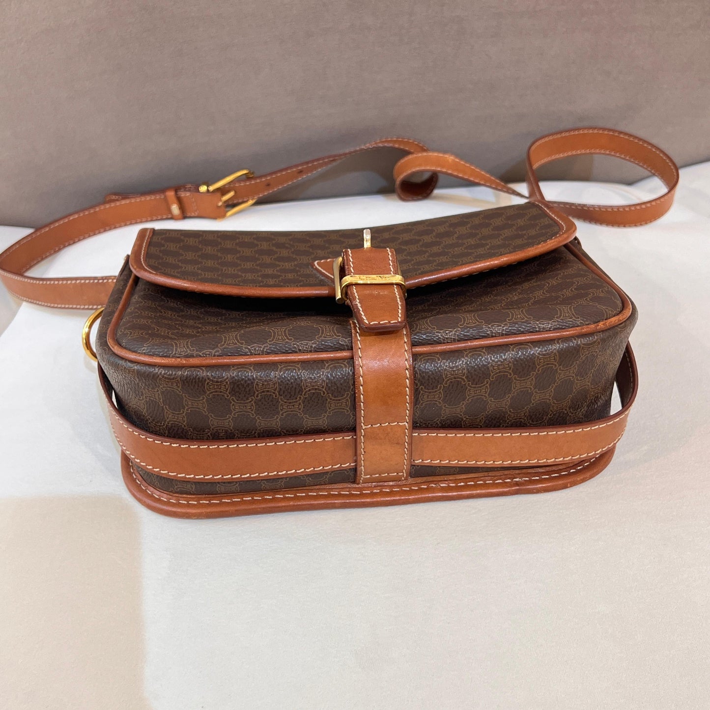 Celine Vintage Macadam Canvas Brown Leather Shoulder Bag