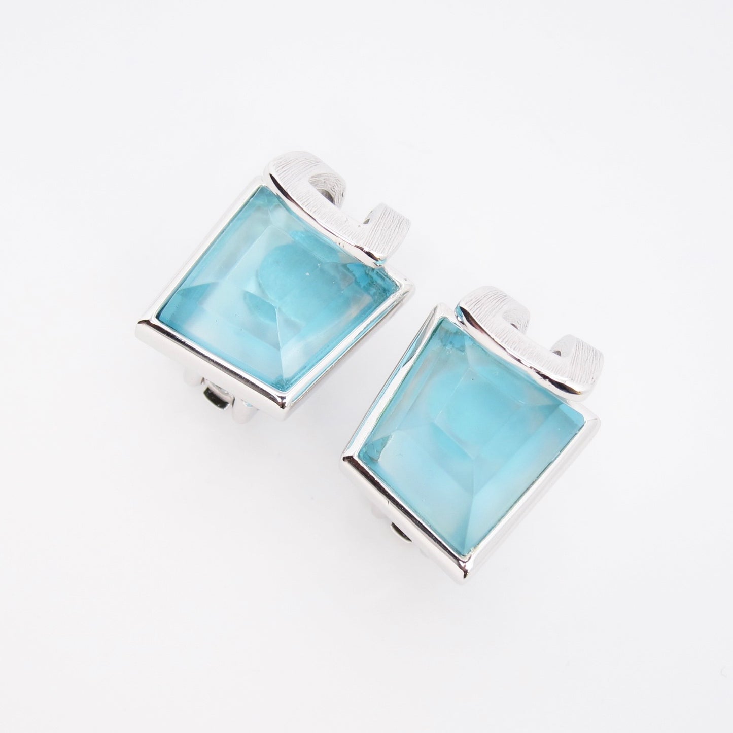 Christian Dior Vintage Rectangle Aqua Blue Stone Silver Clip-on Earrings