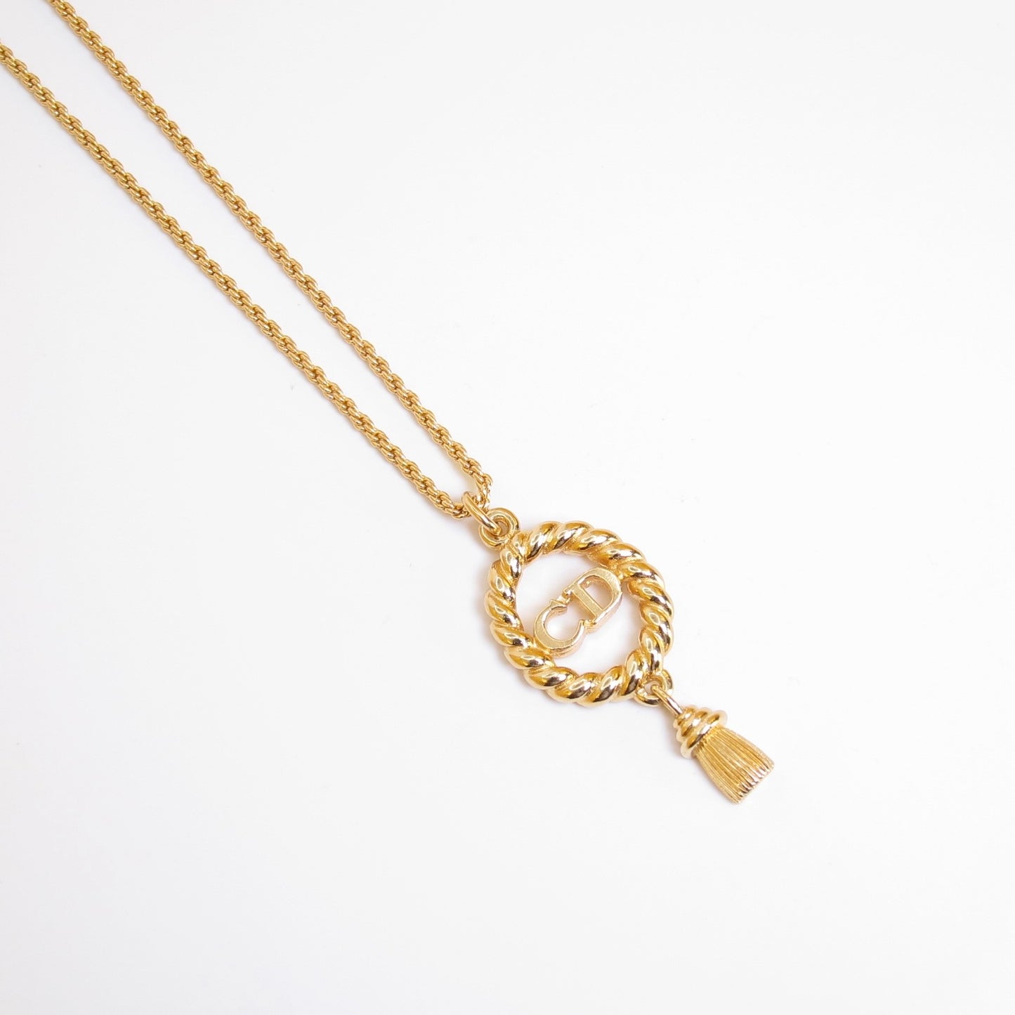 Christian Dior Vintage CD Logo Twist Rope Tassel Pendant Golden Necklace