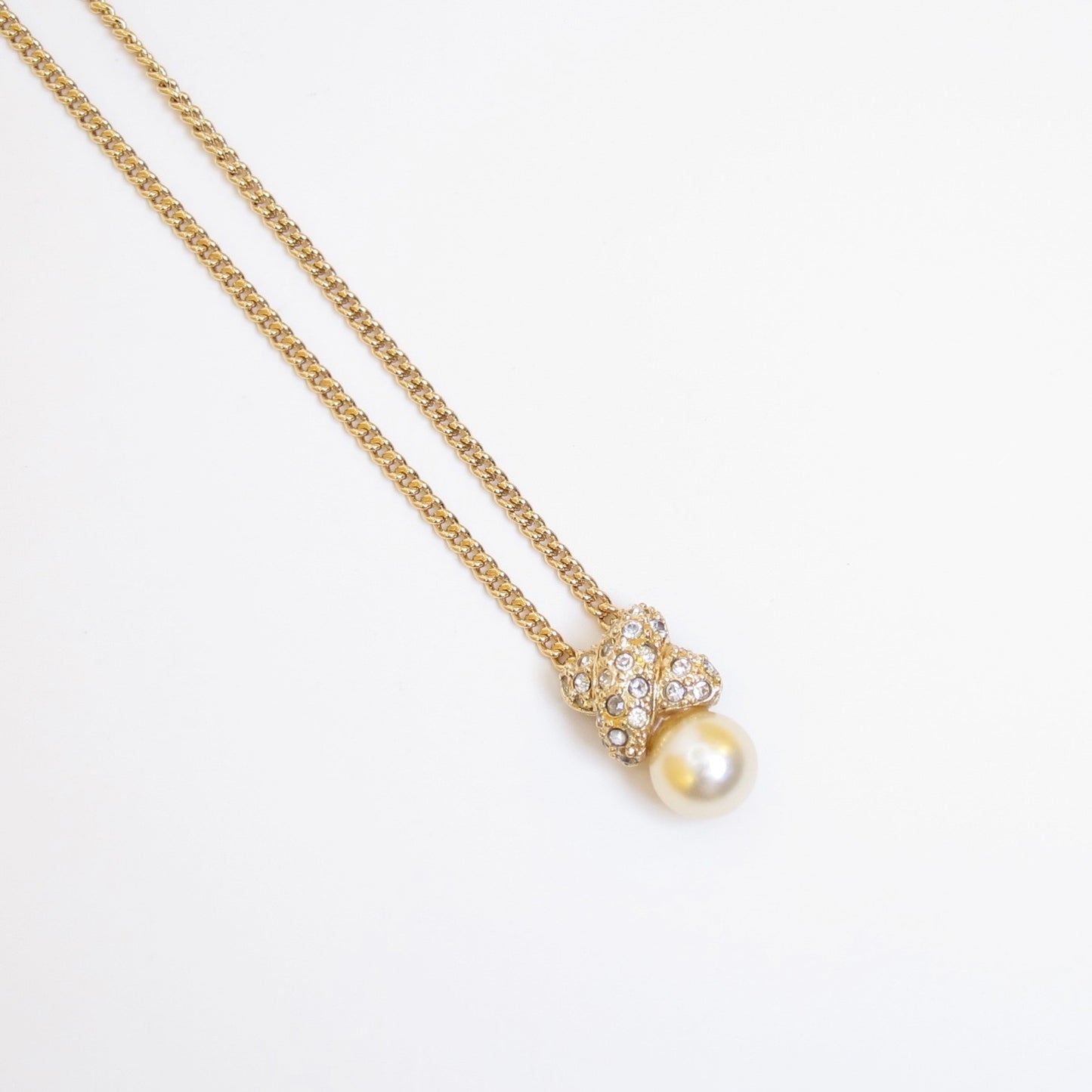 Christian Dior Vintage Pearl and Rhinestone Knot Golden Necklace