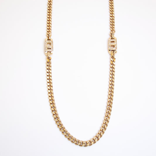 Christian Dior Vintage CD Logo with Rhinestone Golden Long Necklace