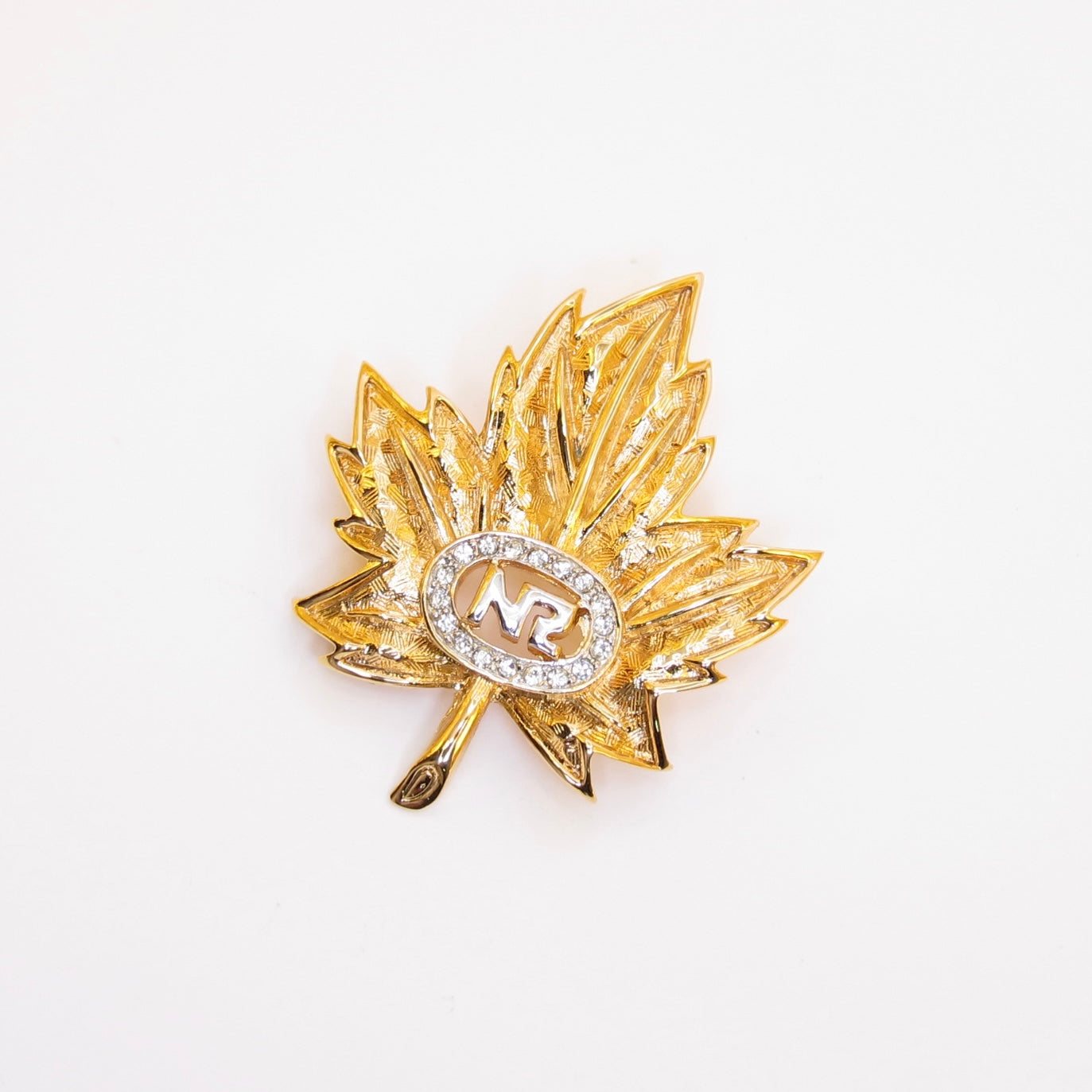 Nina Ricci Vintage NR Logo and Rhinestone Leaf Motif Golden Brooch