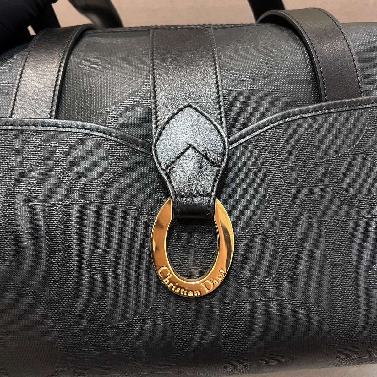 Christian Dior Vintage Black PVC Leather Gold Ring Boston Bag
