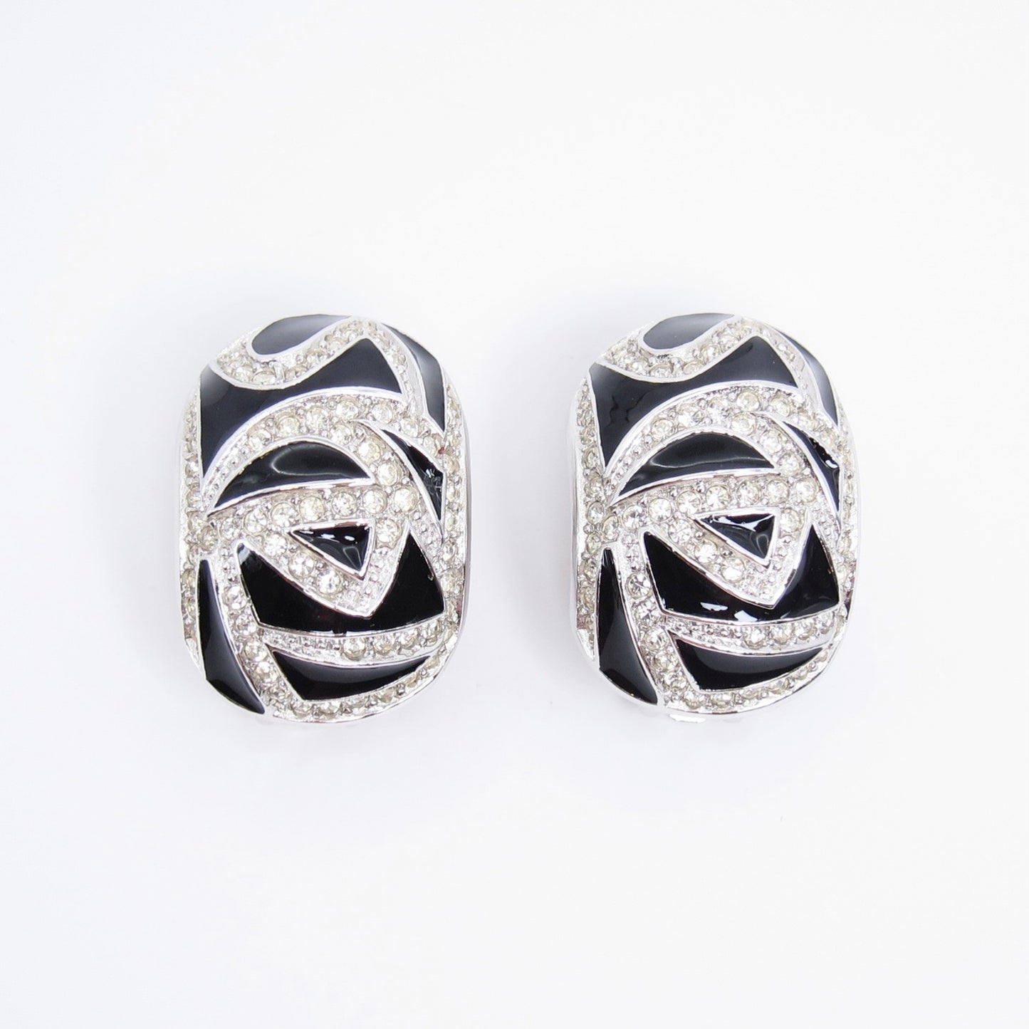 Christian Dior Vintage Black and Rhinestone Silver Clip-on Earrings