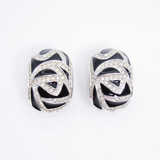 Christian Dior Vintage Black and Rhinestone Silver Clip-on Earrings
