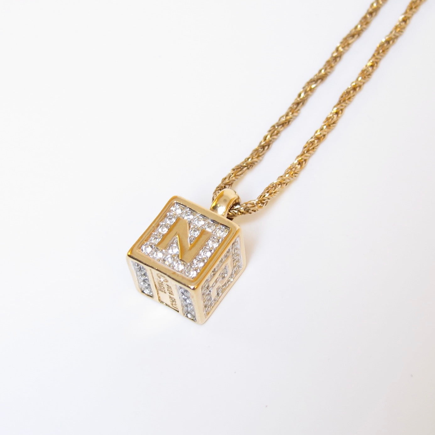 Nina Ricci Vintage NR Logo Cube with Rhinestone Golden Necklace