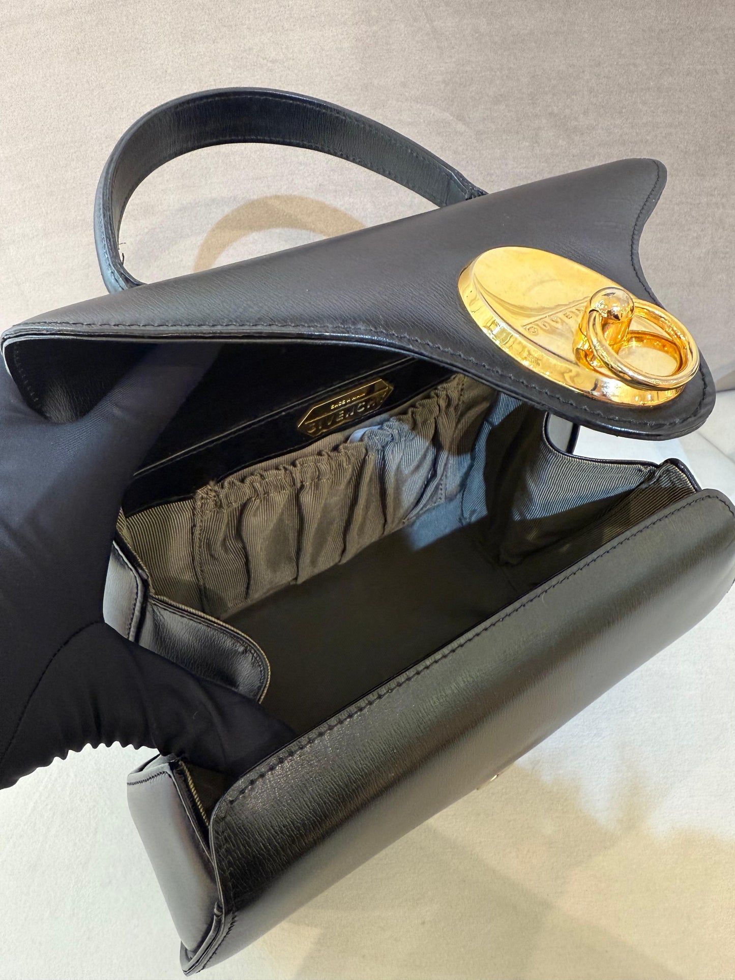 Givenchy Vintage Black Leather Oval Lock Top Handle Bag