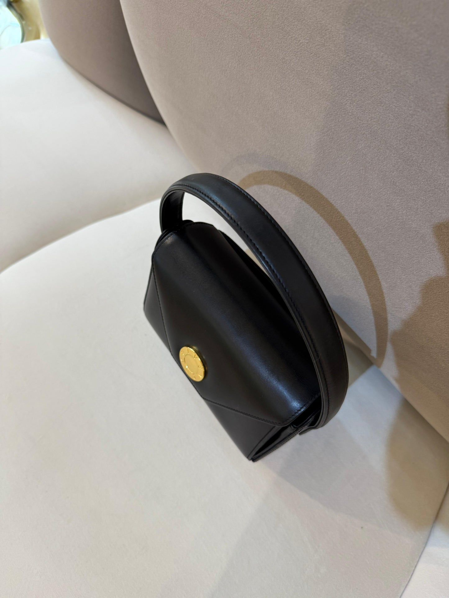 Givenchy Vintage Black Leather Gold Medallion Top Handle Bag