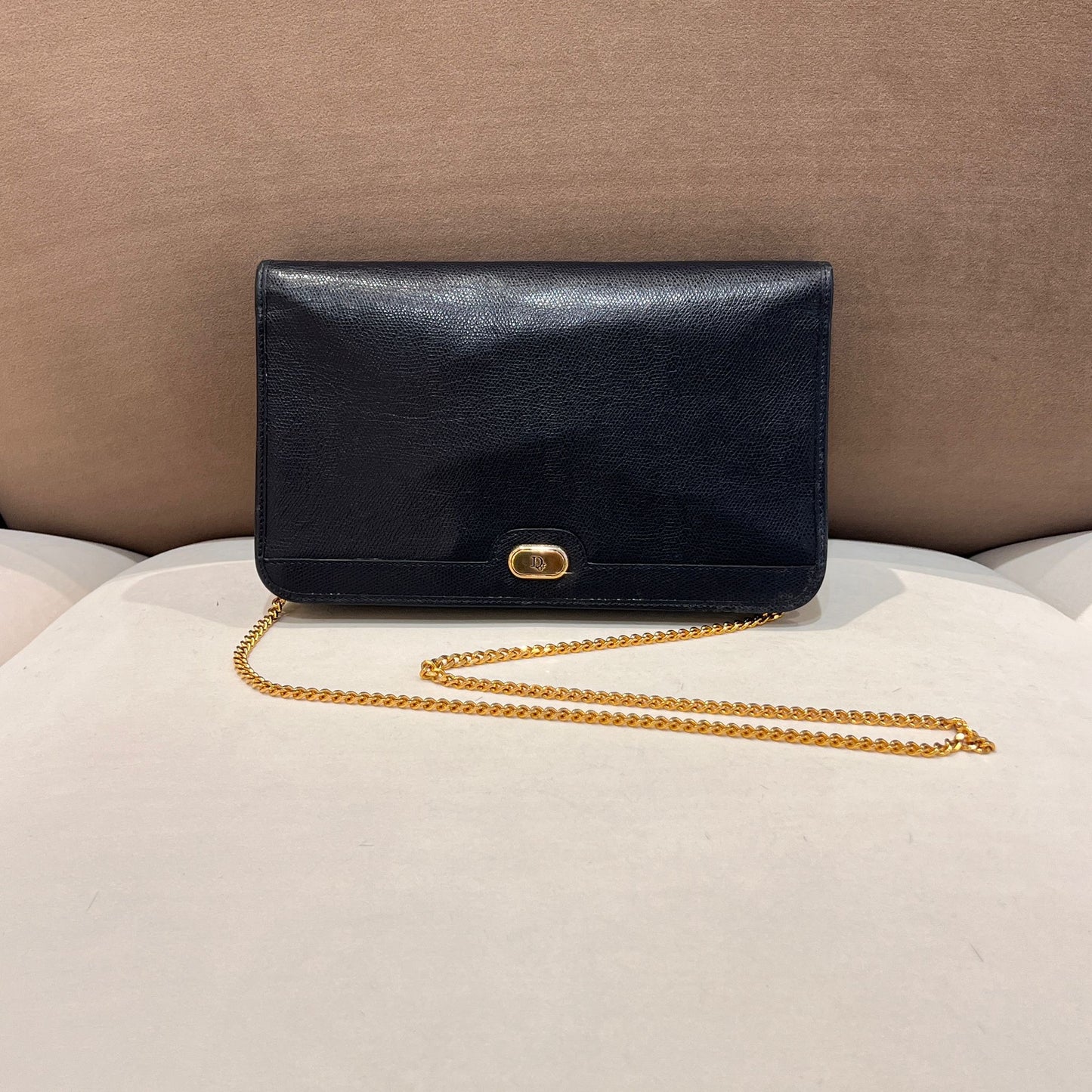 Christian Dior Vintage Cd Logo Navy Leather Chain Envelope Shoulder Bag