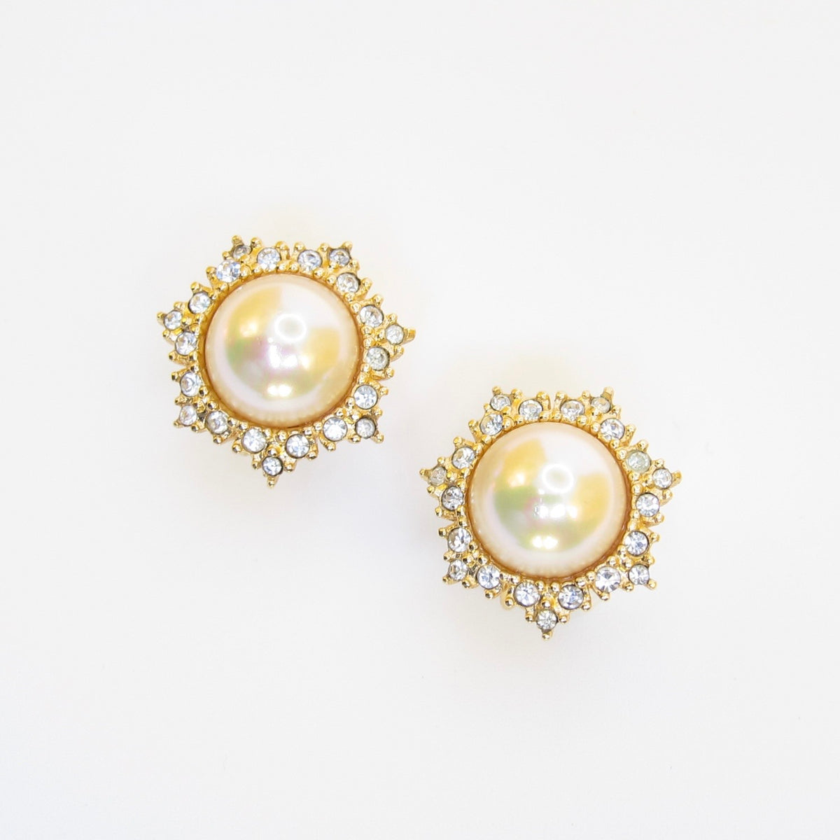 Christian Dior Vintage Faux Pearl Halo Gold-Tone Clip-On Earrings