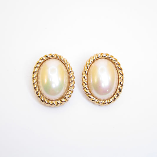 Christian Dior Vintage Oval Shaped Pearl Golden Clip-on Earrings