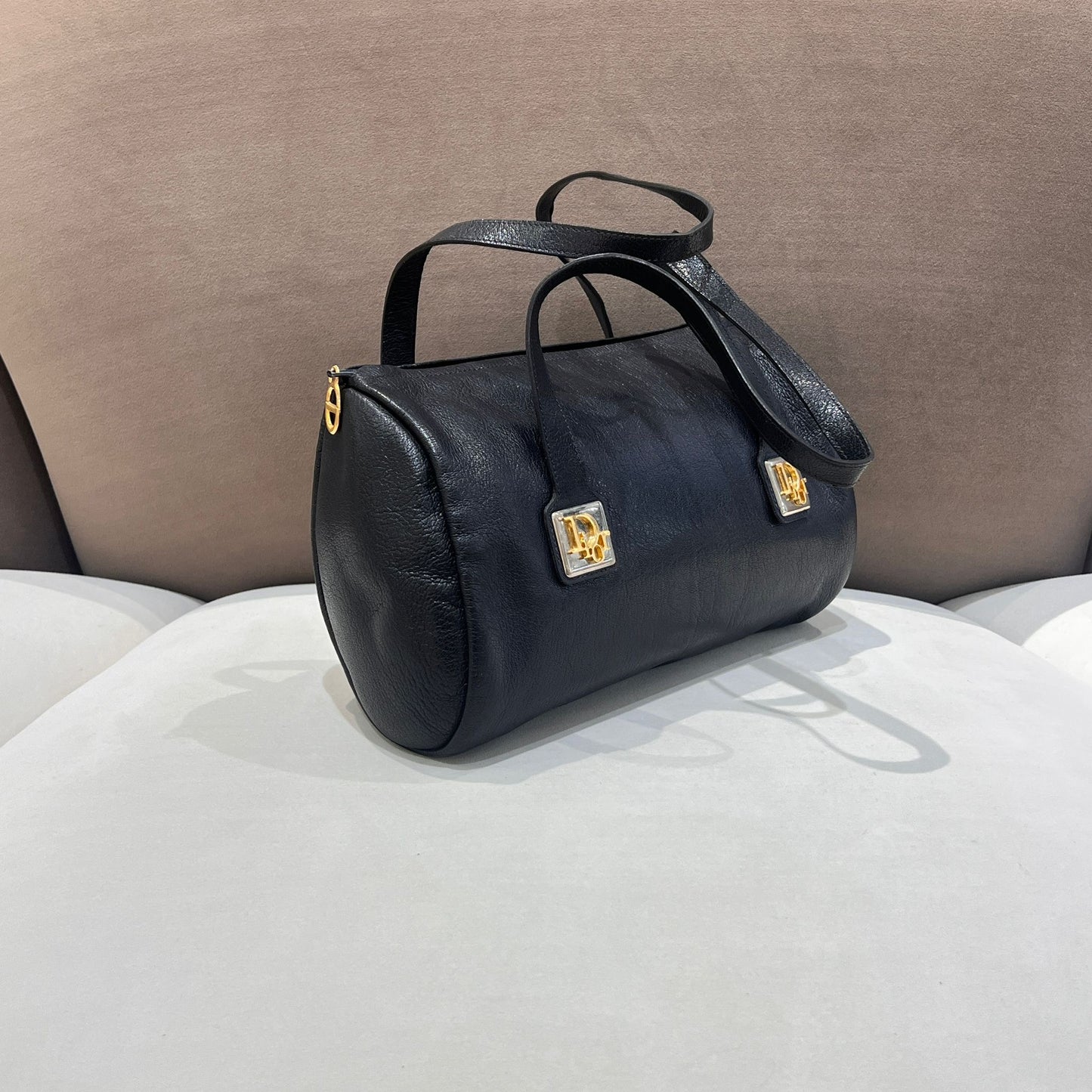 Christian Dior Vintage Cd Logo Black Leather Barrel Shoulder Bag