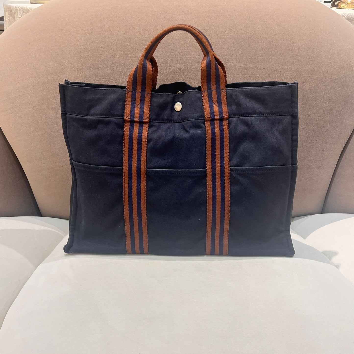 Hermès Vintage Fourre Tout Mm Navy Canvas Stripe Tote Bag