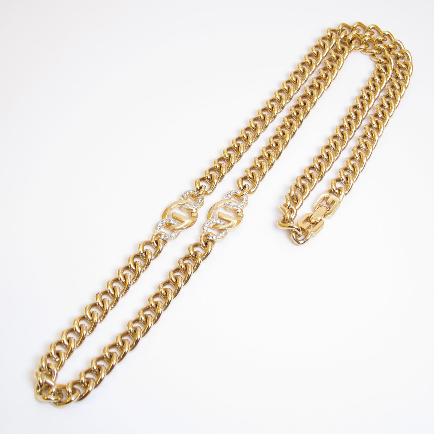 Givenchy Vintage G Logo and Rhinestone Golden Long Chain Necklace