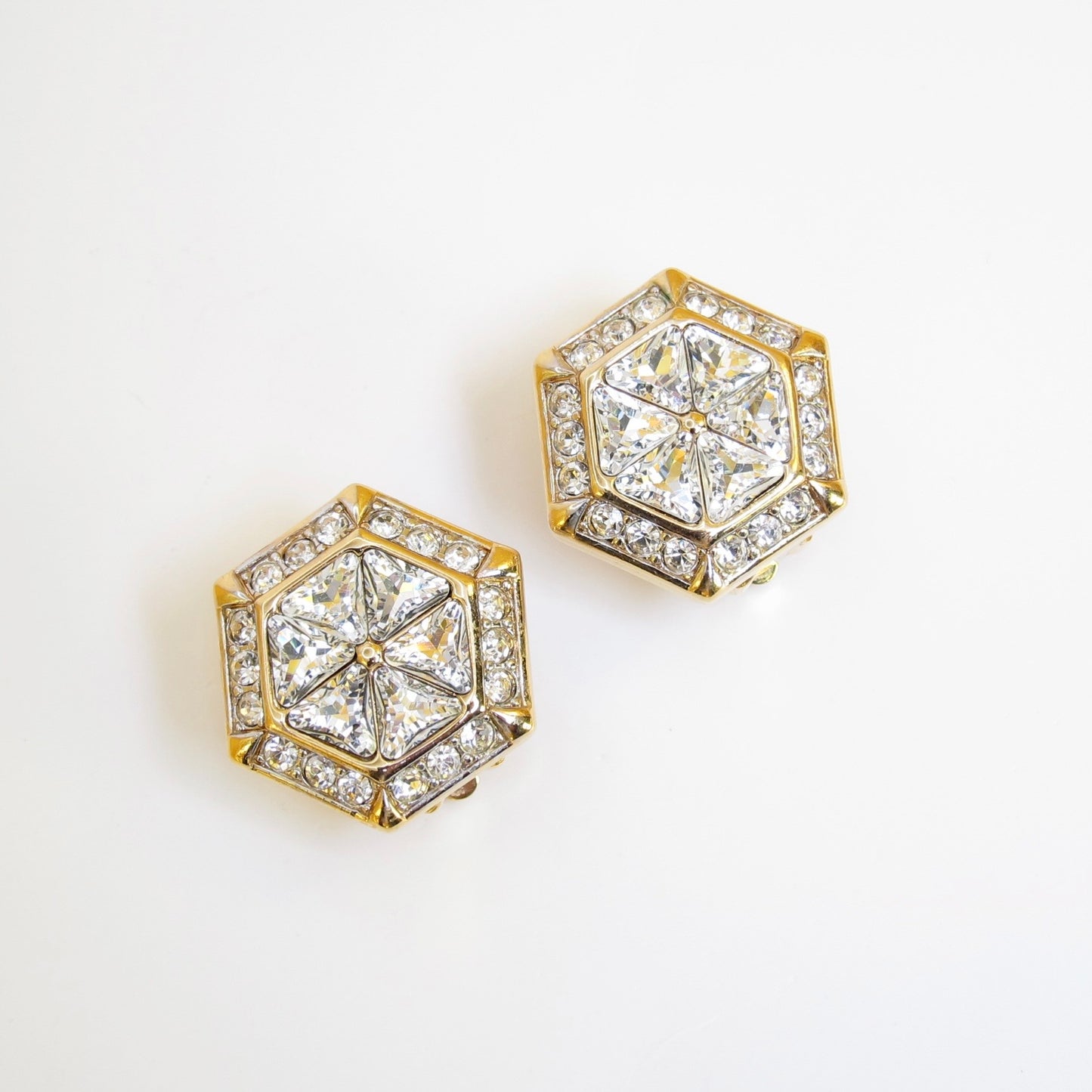 Nina Ricci Vintage Hexagon with Rhinestone Golden Clip-on Earrings