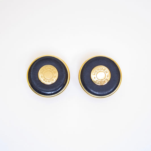 Hermes Vintage Round Shaped Black Leather and Golden Clip-on Earrings