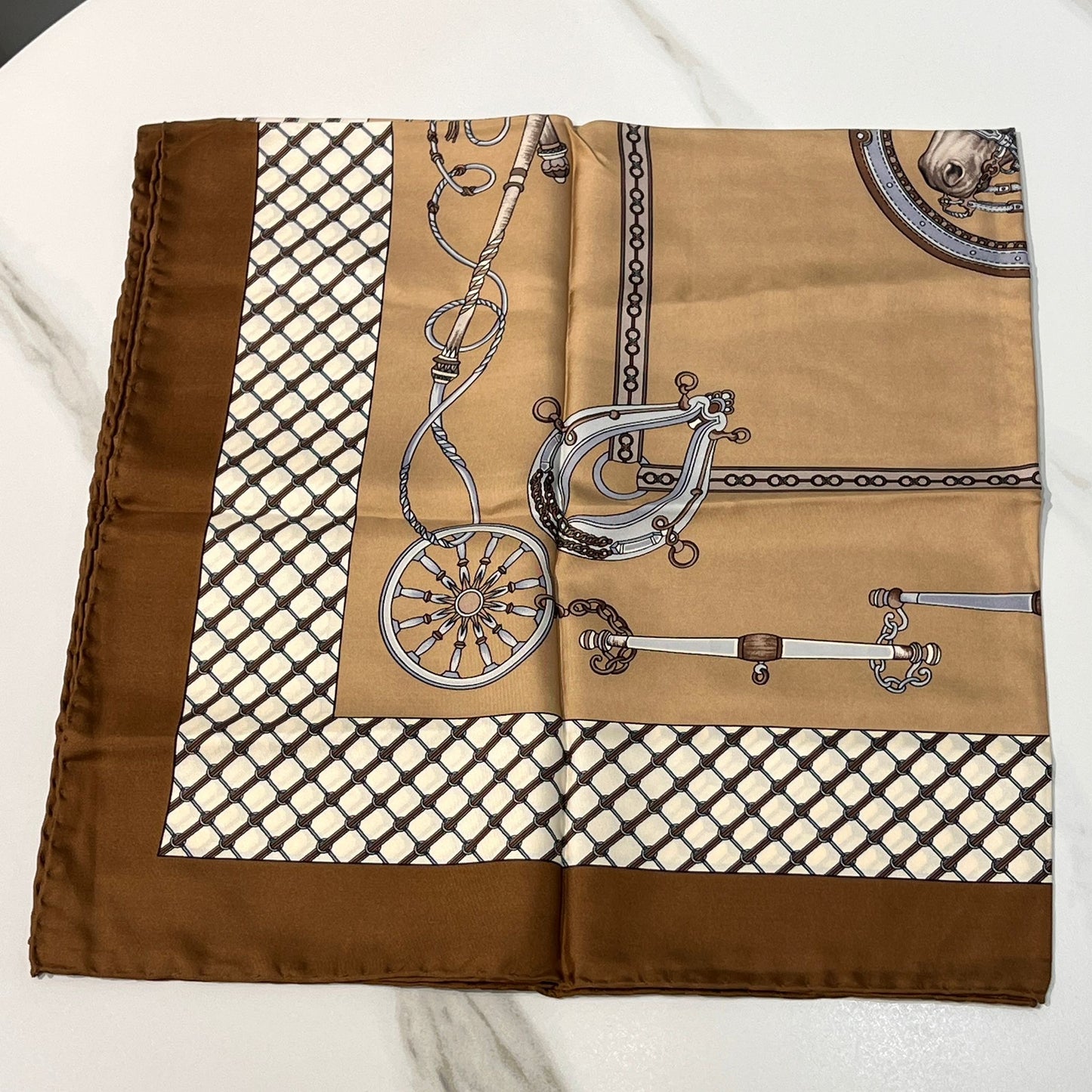 Celine Vintage Carriage Chain Print Silk Scarf Beige Brown 88 X 88 Cm